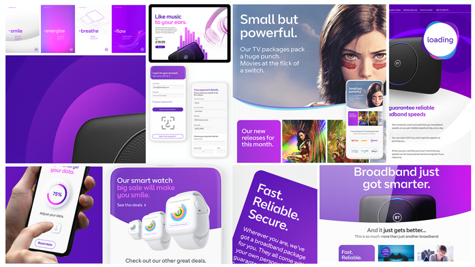 A montage of different screens from BT's various digital experiences, including photos of smart speakers, smartwatches, and mobile apps.