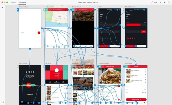 With Adobe XD, you can turn static mockups into a prototype by creating a connection between individual screens.