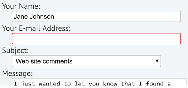 In this example, the form relies only on the color red to indicate fields with and without errors. Color-blind users wouldn’t be able to identify these fields. 