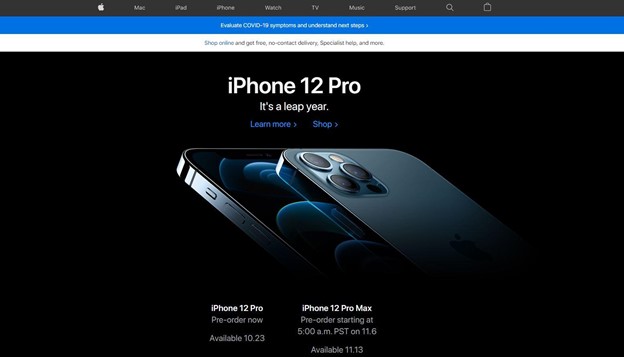 Apple’s homepage showcasing their latest and greatest product, the iPhone 12 Pro. 