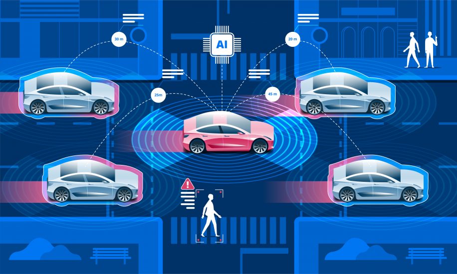 Visualization demonstrating how a self-driving car detects vehicles nearby to safely drive.