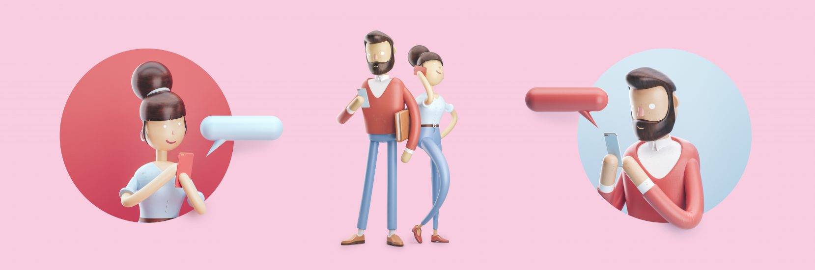An example of 3D characters being used to show a couple texting each other using smartphones. 