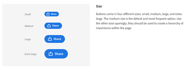Visual designs of buttons and rules on how to use them in design from the Adobe Spectrum design system.