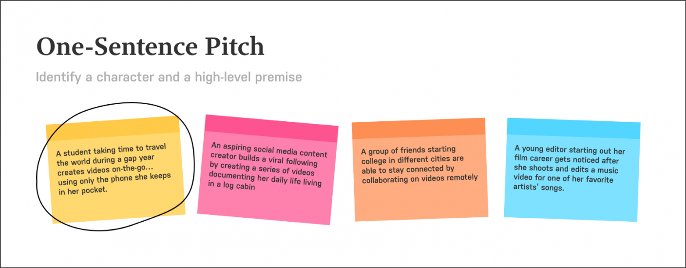 Examples of one-sentence pitches for a design vision story.