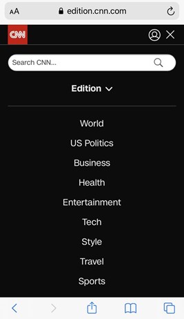 Top-level news categories on the CNN website. 