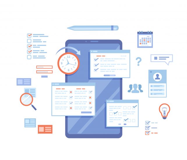 Illustration of a blue mobile device, checklists, and form fields.