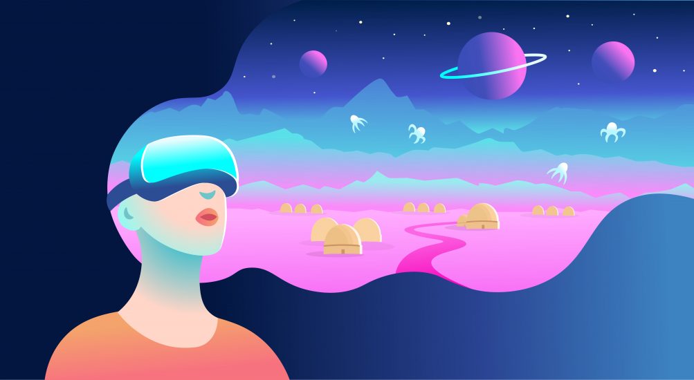 Woman wearing virtual reality goggles and viewing a cosmic landscape.