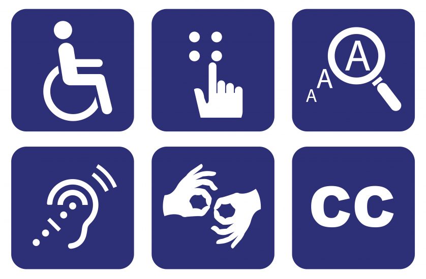 Universal symbols of accessibility on blue backgrounds.