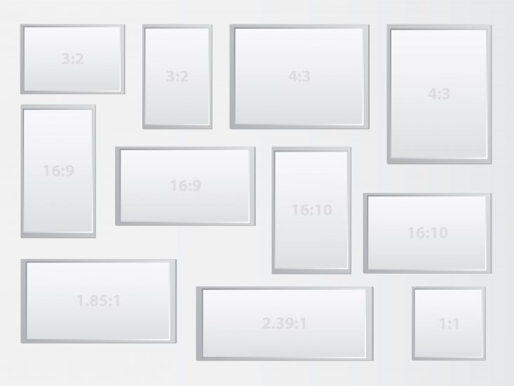 10 computer screens with varying sizes and their aspect ratios written on their screens.