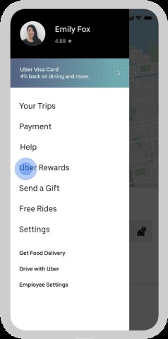 Image of Uber's mobile hamburger menu for secondary navigation options.