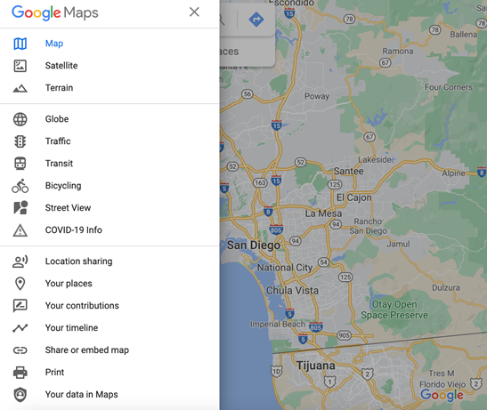 Image of Google Maps using hamburger menus for less important things, such as different types of views and contextual operations.