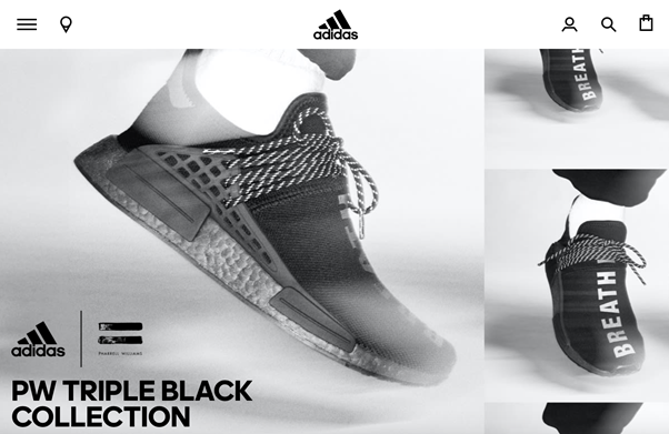 Image of Adidas using hamburger menus for primary navigation options on small viewports.