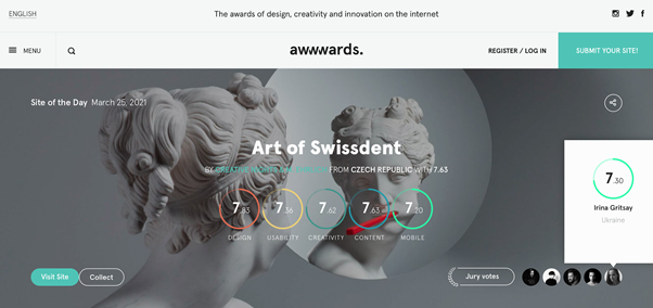 Image of Awwwards practicing minimalism and using hamburger menus for primary navigation options.