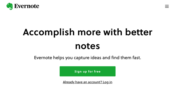 Image of Evernote relying on the hamburger icon to make their user interface less busy. 