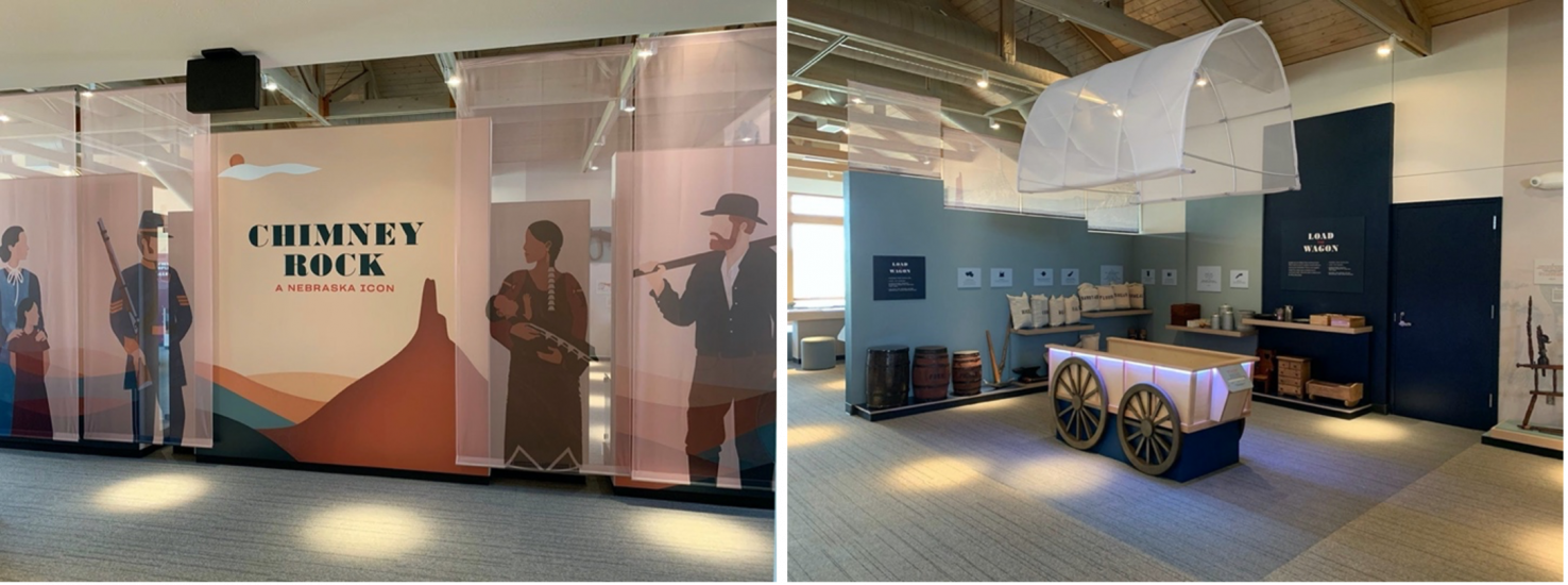 The Chimney Rock Visitor Center in Nebraska opened in Summer 2020. (Left: Exhibit entrance; Right: The “load the wagon” experience gives visitors the opportunity to prepare for their own westward journey).