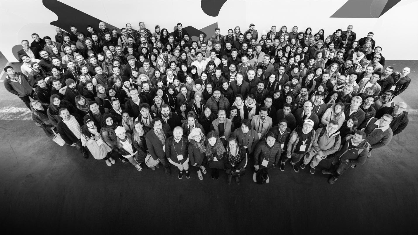 A black and white photograph of the Adobe’s Design Team.  