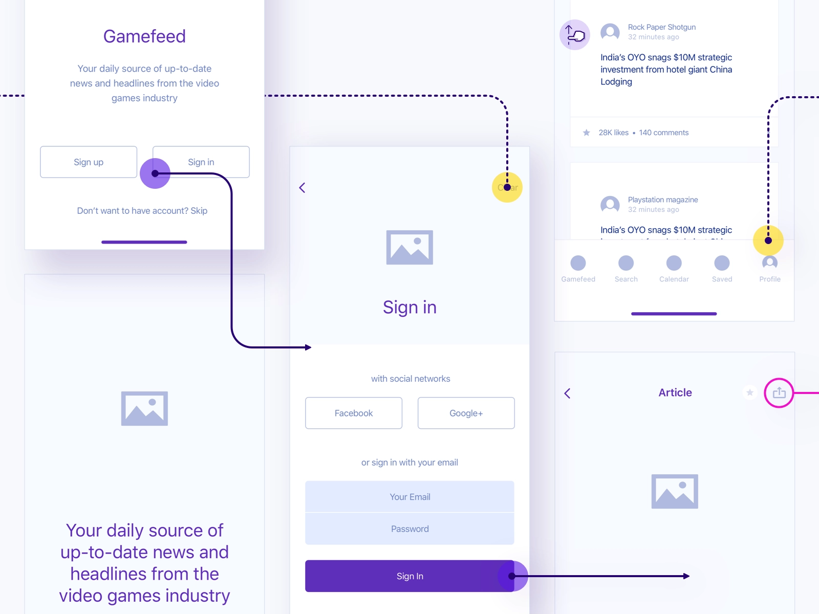 Piotr Kaźmierczak uses color in his wireframes to highlight call-to-action buttons.