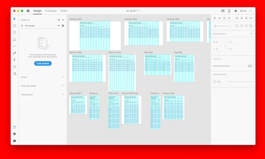 Wireframing examples for responsive layout created in Adobe XD.
