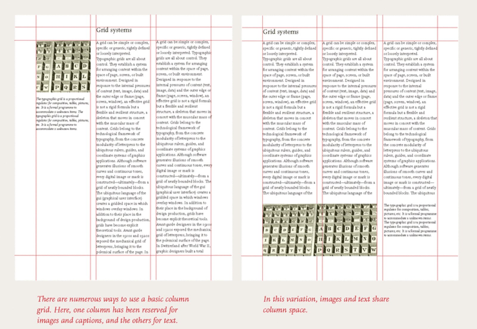 In this multi-column grid example on the left, one column is reserved for images and captions.