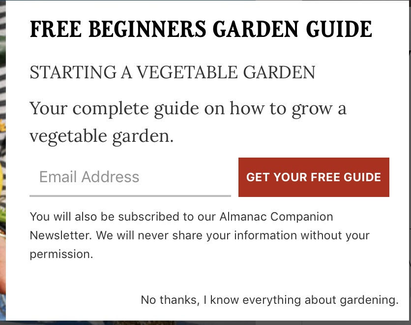 An example of confirmation shaming in a pop-up CTA for a gardening guide.