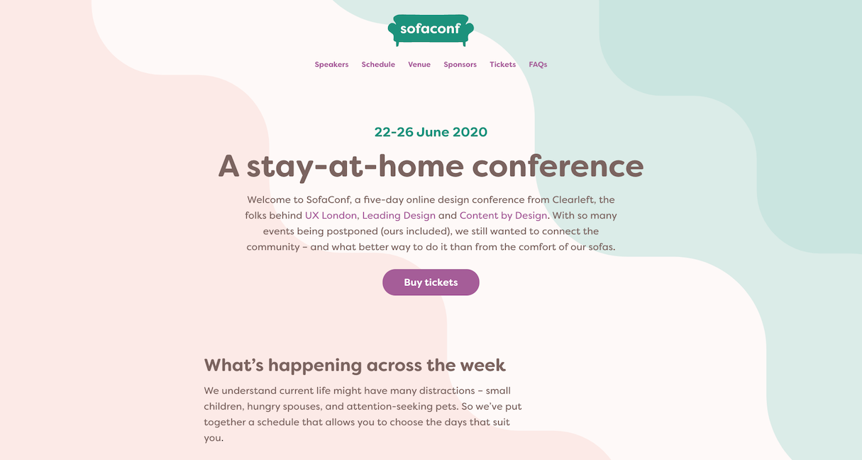 Splash page for the SofaConf stay-at-home design conference.