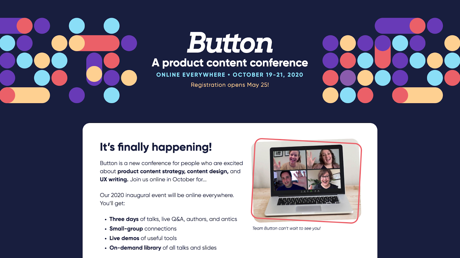 Splash page for the Button, virtual design conference.