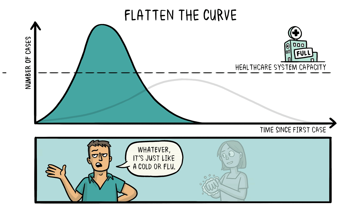 Animated flatten the curve comic strip by Dr. Siouxsie Wiles and Toby Morris.