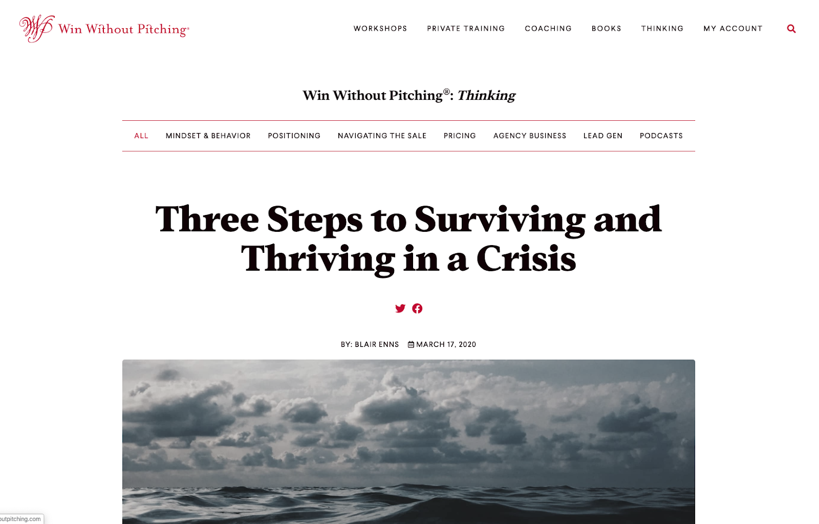 Screenshot of Blair Enns' article 'Three Steps to Surviving and Thriving in a Crisis', published on winwithoutpictching.com