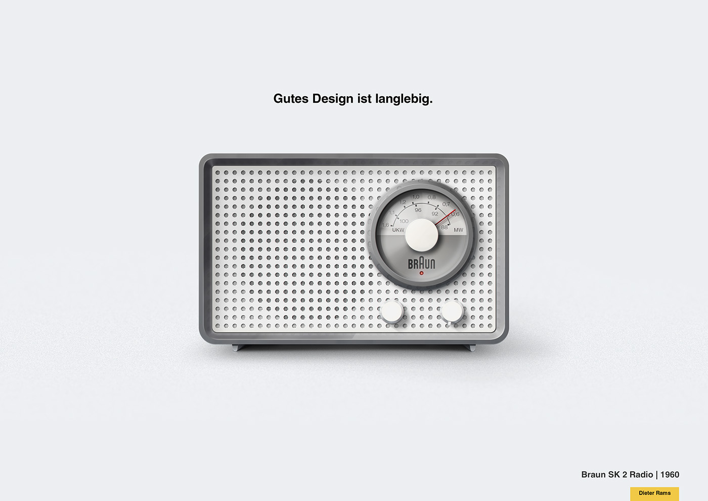 An ad for the Braun SK 2 Radio from 1960 using Dieter Rams' slogan 'Gutes Design ist langlebig'.