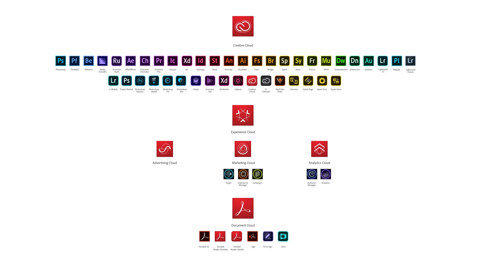 A visual hierarchy of the various brands and applications available in the Adobe ecosystem.