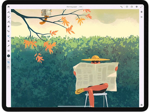 A brush design in Adobe Fresco depicting a man in a sunhat reading the morning newspaper as a squirrel in a nearby tree branch does the same.