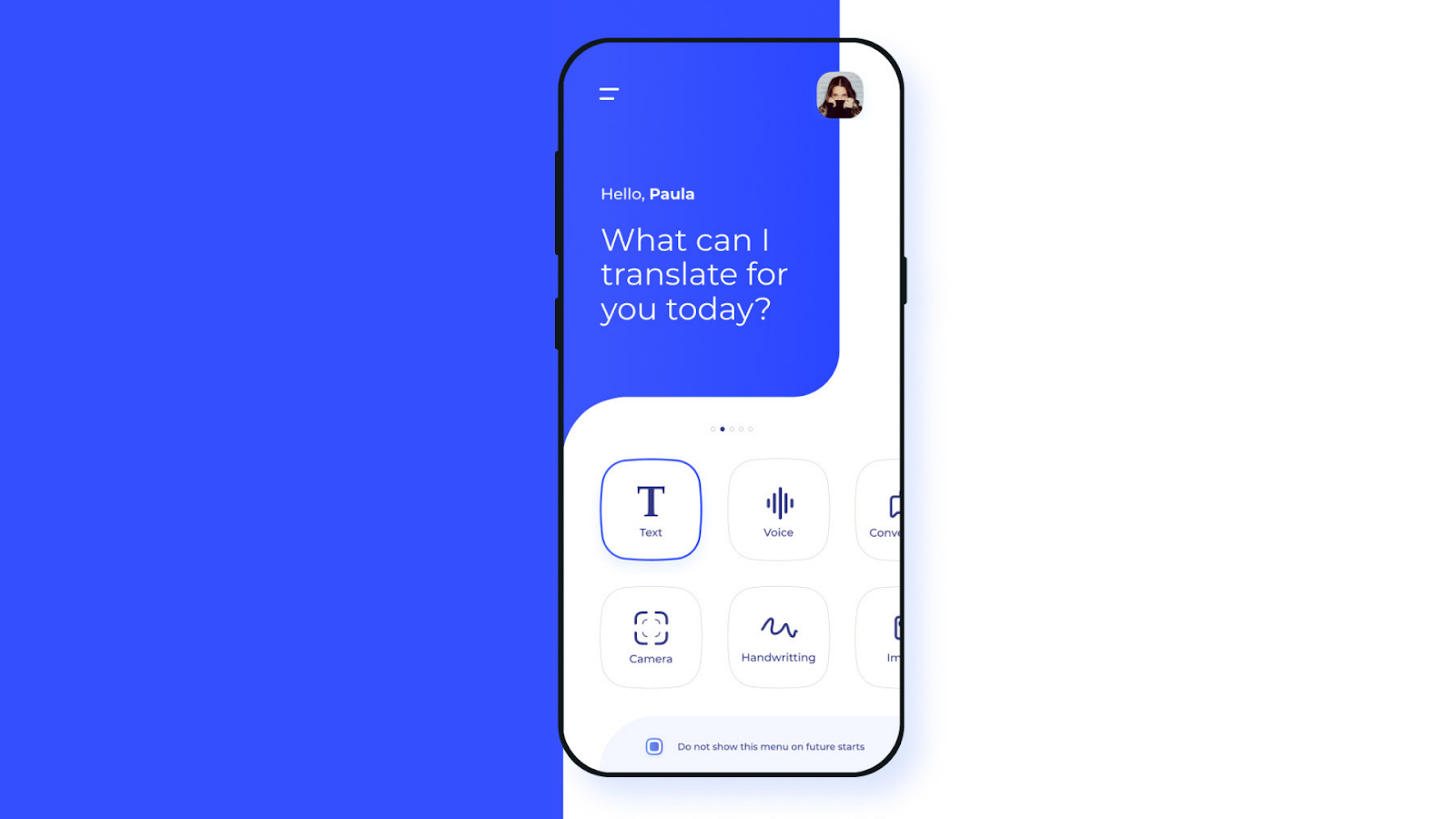 A concept app design for Google Translate that emphasizes a desired user action.