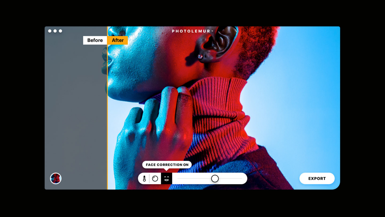 A concept UI design for a face correction tool in a photo editor.