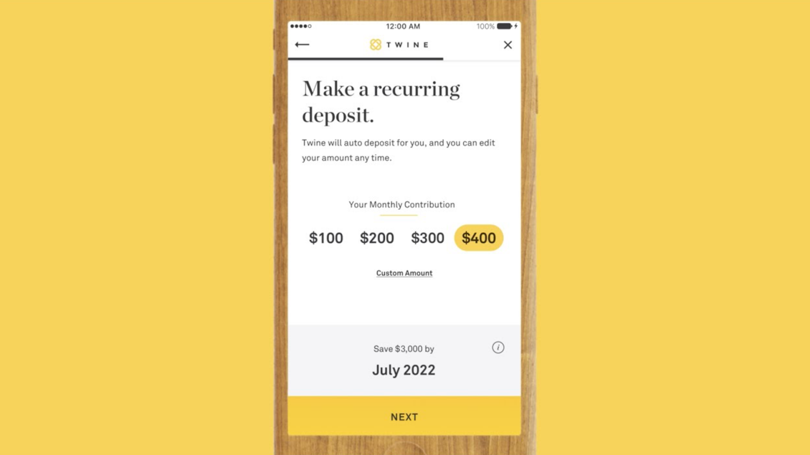 The Twine app shows users how much they can have saved up by a certain date based on the user's preferred monthly contribution.