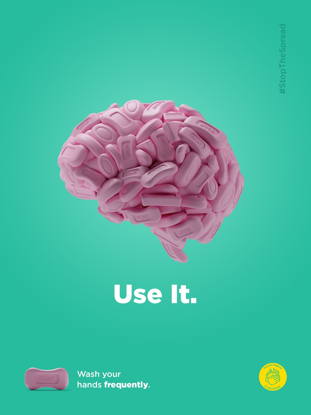 Ashot Hovakimyan's submission to the United Nations Covid-19 Global Call Out to Creatives illustrates a brain composed of soap bars to highlight that people should rely on their judgement and wash their hands frequently.
