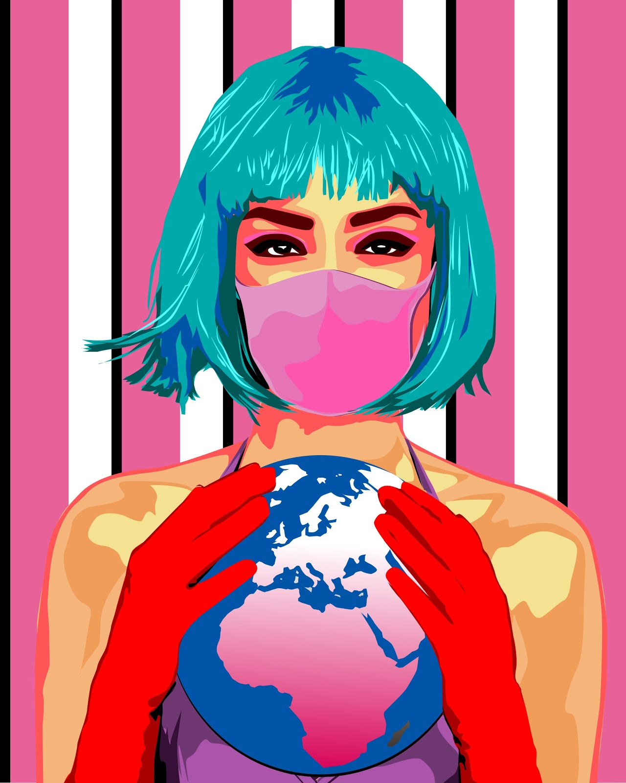 Raquel Galiano's submission to the United Nations Covid-19 Global Call Out to Creatives illustrates a mask and glove-donning female holding the globe in her hands.