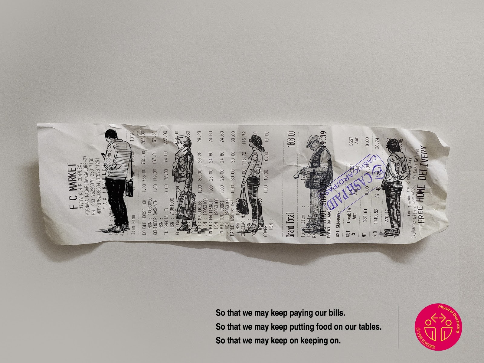 Deepesh PT's submission to the United Nations Covid-19 Global Call Out to Creatives highlights the importance of social distancing with drawings of physically separated people in line, imposed onto a grocery store receipt.