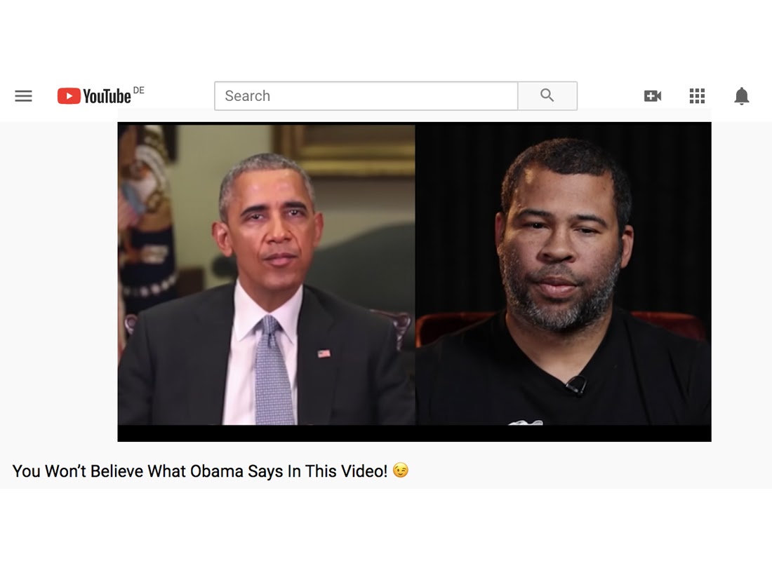 A splitscreen of Barack Obama giving a public address on the left and Jordan Peele in a studio impersonating him on the right.