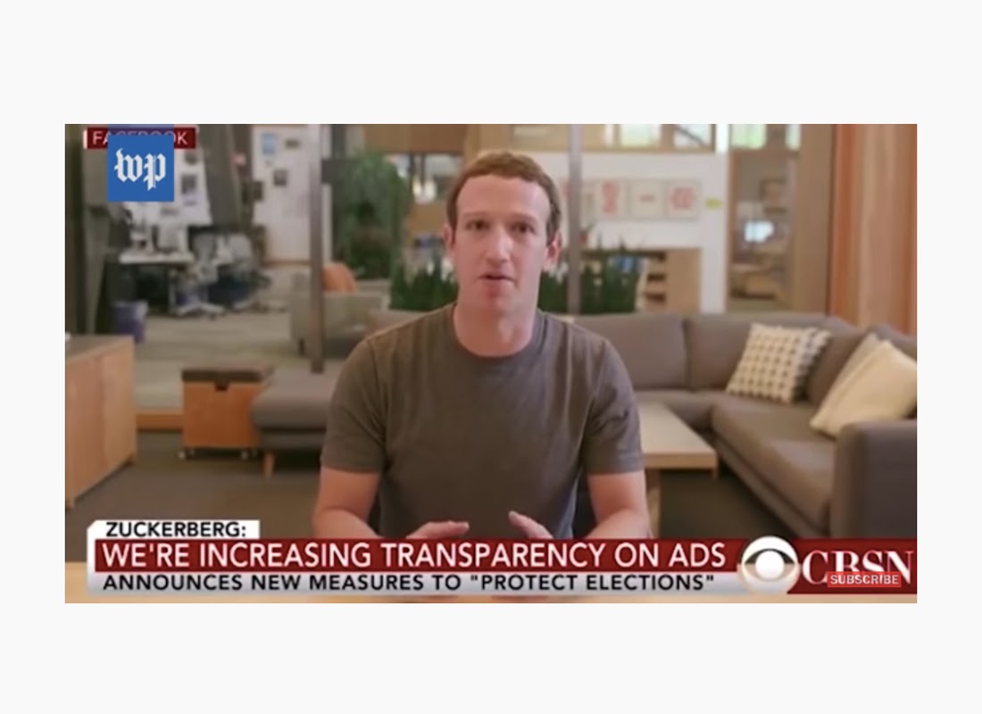 In a YouTube video still, a Mark Zuckerberg look-alike talks to the camera while a fake CBSN caption reading “Zuckerberg: We’re Increasing Transparency On Ads / Announces New Measures to “Protect Elections” runs along the bottom.
