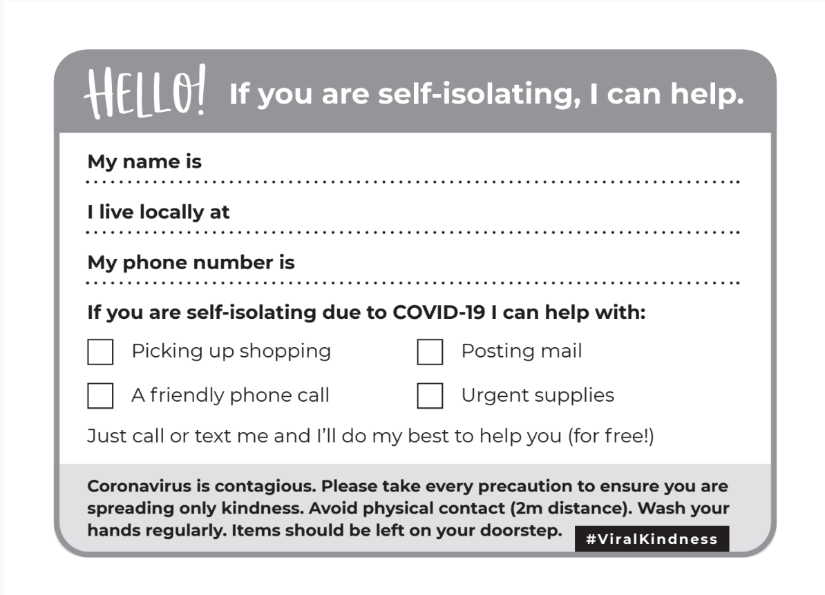 The Viral Kindess postcard designed by Becky Wass provides people with a medium to offer support with tasks like shopping and errands.