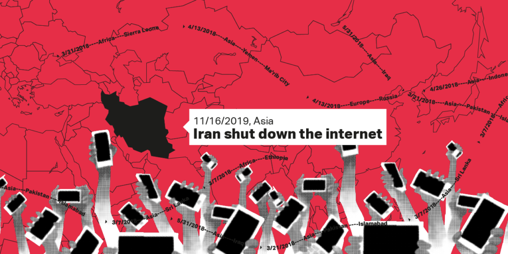 #KeepItOn campaign against internet shutdowns showing hands with smart phones and map in the background.