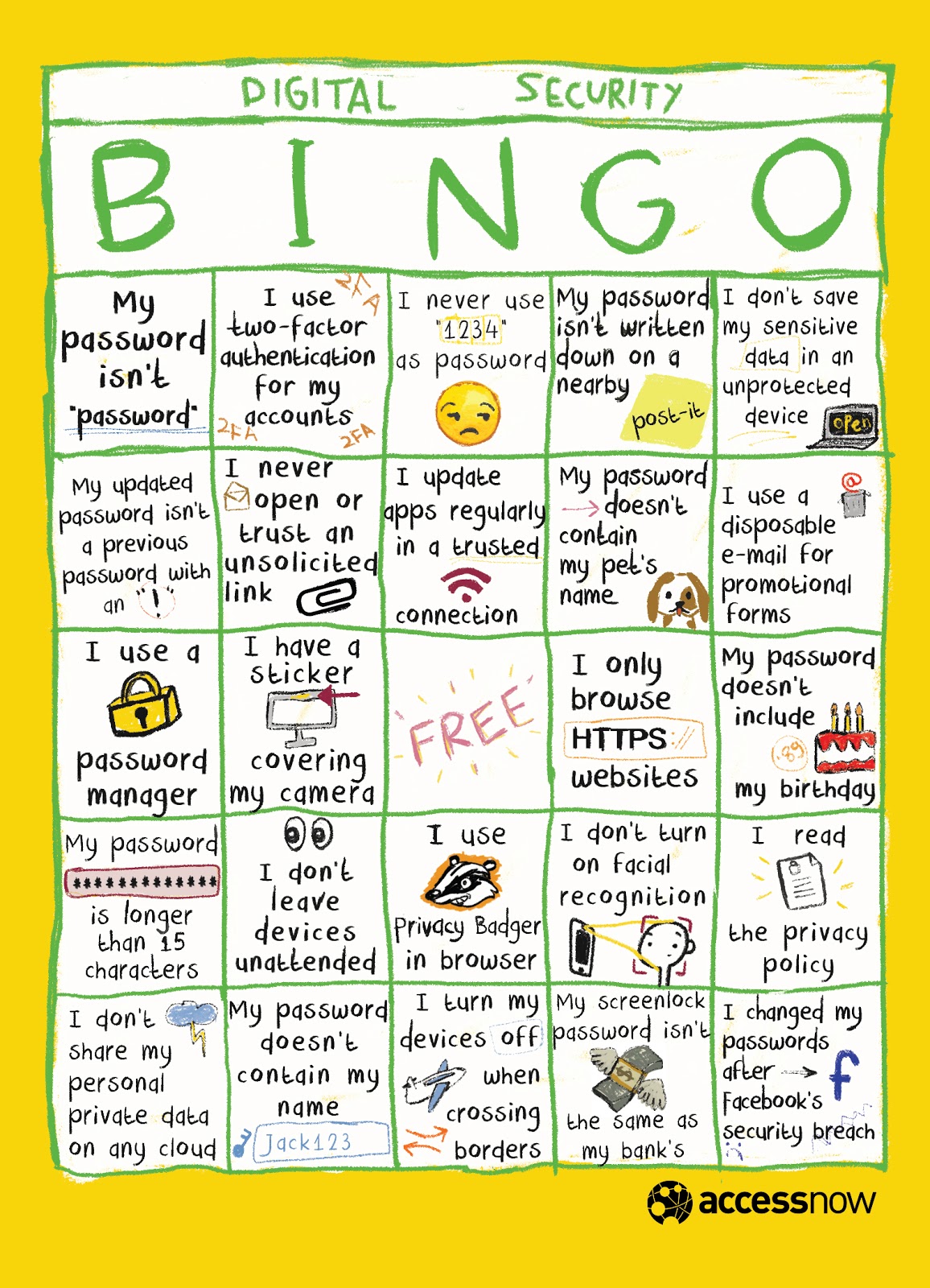 Digital Security Bingo with different phrases in each Bingo square. 
