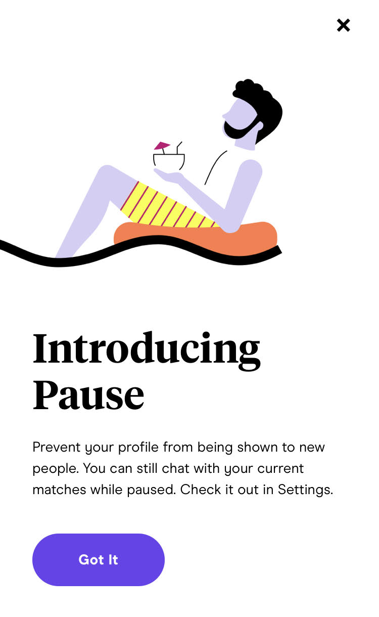 Screenshot of dating app with the pause feature. Illustration of man relaxing in a boat.