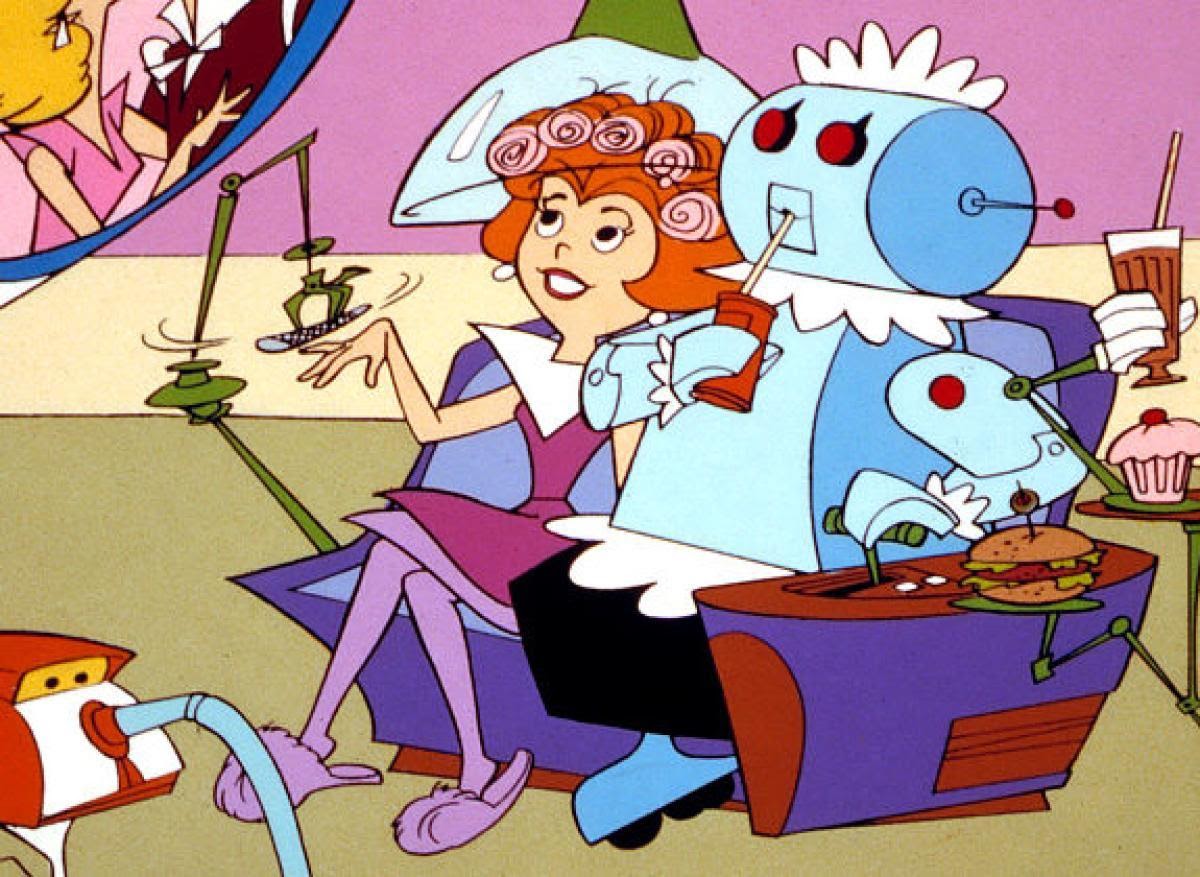 A scene from The Jetsons, in which Mrs. Jetson is pampered by her feminized rental robot maid.