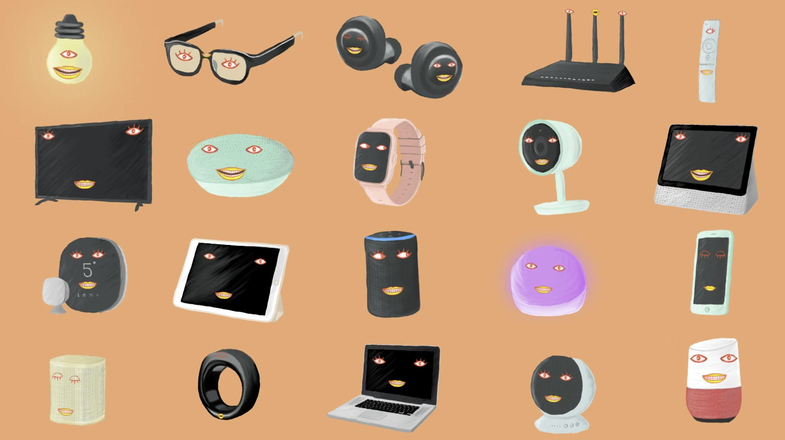 A still from Roberta Leoni's animation on hidden gender biases in voice tech shows a range of voice assistant devices with feminine personifcations.