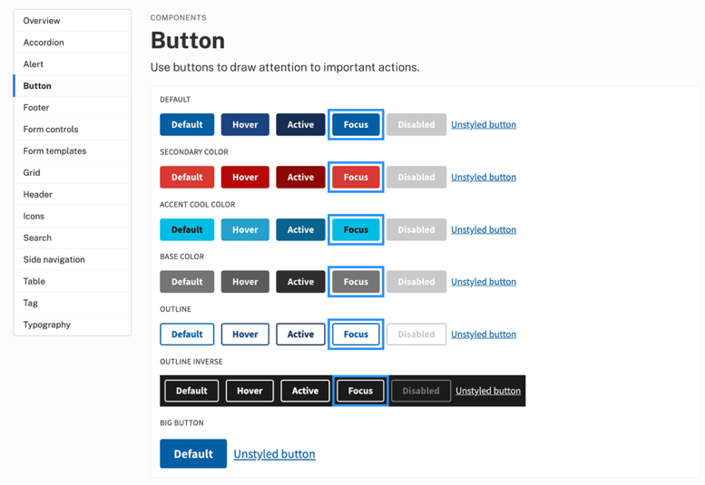The U.S. Web Design System's guidelines show various button components that include appropriate states for accessibility.