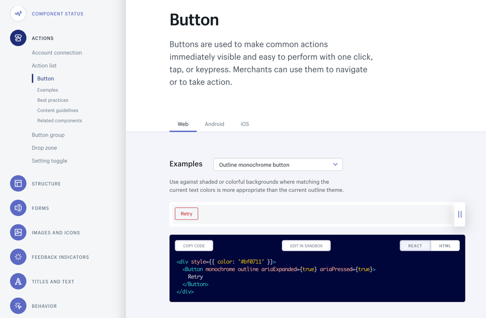 Shopify's Polaris design system includes accessible and customizable coded components, such as buttons.