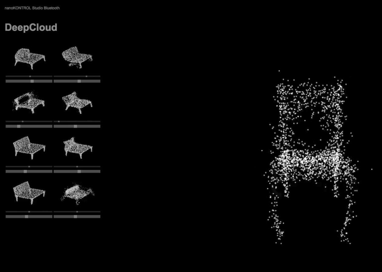 DeepCloud, a data-driven generative design tool for point clouds, generating a representation of a chair based on previous training.