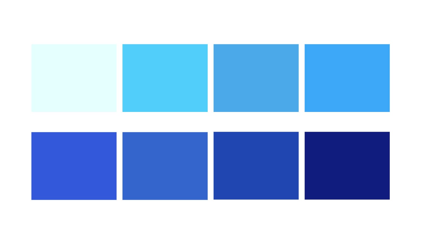 A color palette of contrastable shades of blue.