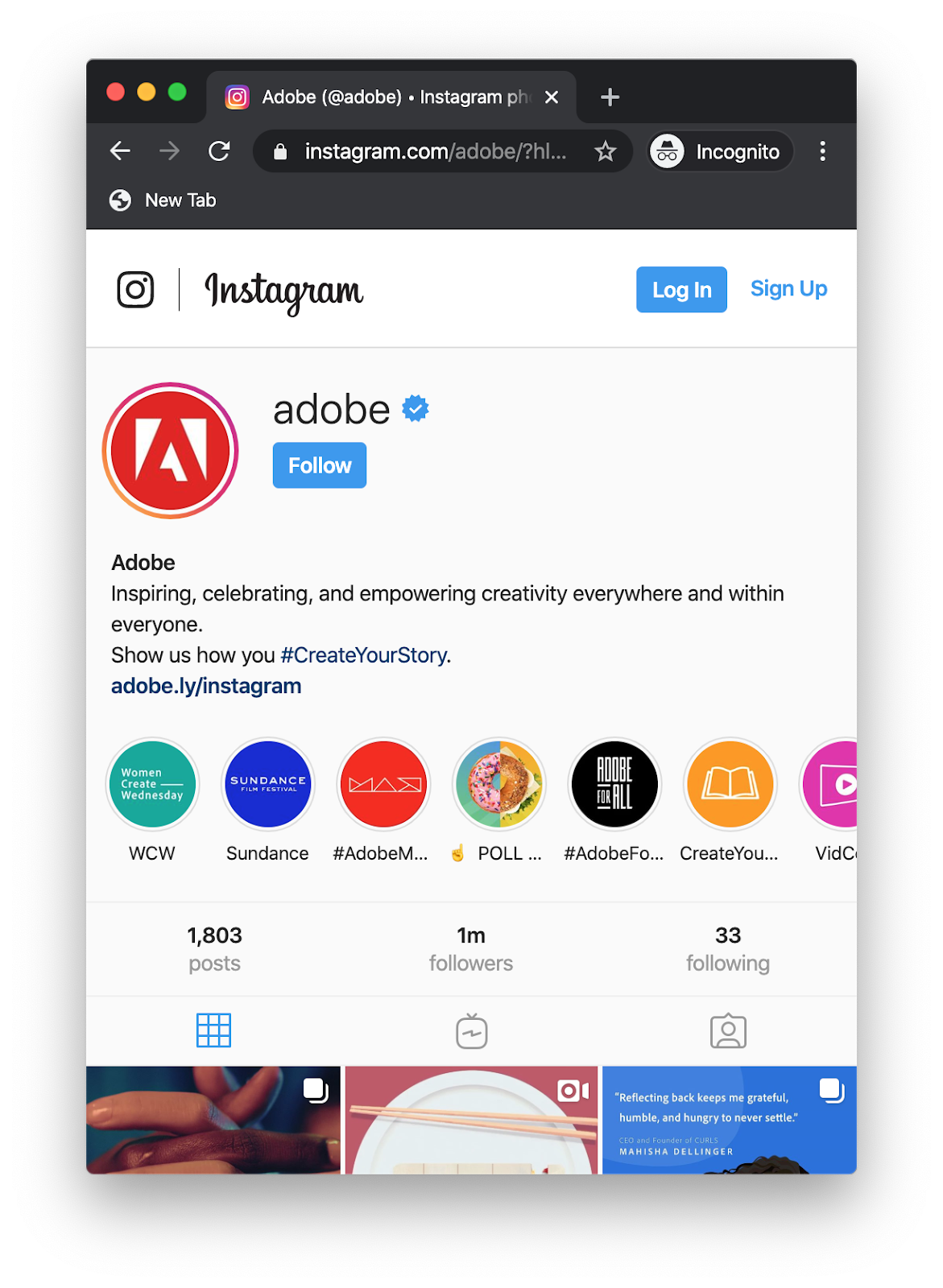 Screenshot of Instagram with an example of responsive design.